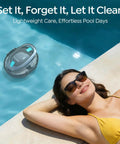 Woman relaxing by pool with Dual Layer Filtration S2 Robotic Pool Cleaner with 90 Minute Runtime, cordless pool vacuum visible.