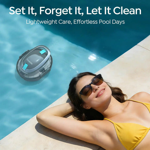 Woman relaxing by pool with Dual Layer Filtration S2 Robotic Pool Cleaner with 90 Minute Runtime, cordless pool vacuum visible.