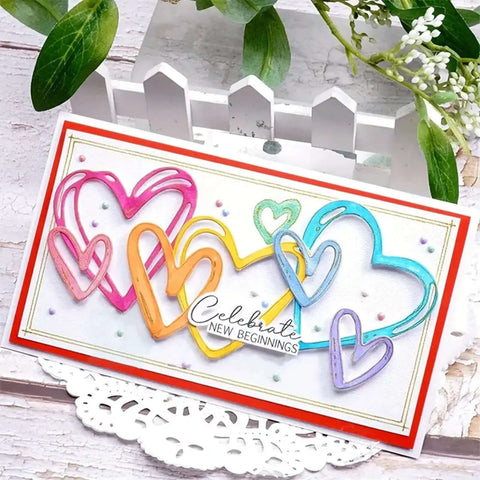 Colorful handmade card using Love Hearts Metal Die Cuts Frame Set 4 Pieces Silver Embossing Dies for scrapbooking with heart designs.
