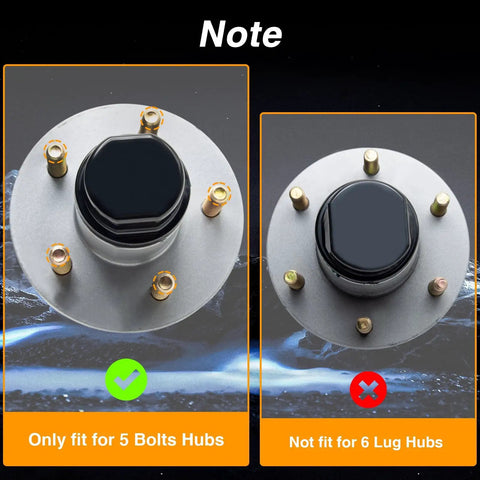Comparison of Two Pack Trailer Bearing Dust Cap with O Ring, fitting only 5-bolt hubs, not compatible with 6 lug hubs.