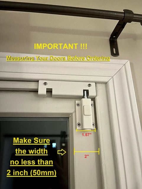Sliding Door Lock For Glass And Patio Doors, 2.5 Inch Long By 1.5 Inch Wide, Fits Frames At Least 2 Inches Wide, Simple Install shown on frame