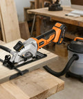 Hot Rodded Cordless Circular Saw With Laser Guide For Spot On Cuts Every Single Day 20V rechargeable tool cutting through wood.