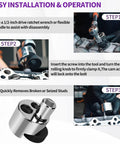 Stud remover and bolt extractor tool with knurled roller and cam lock; step-by-step installation infographic.