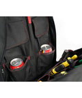 Interior of Heavy Duty Rolling Tool Backpack With 14 Inch Laptop Sleeve Pro Tradesman Organizer showing beverage holders and tool slots.