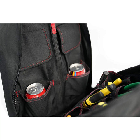 Interior of Heavy Duty Rolling Tool Backpack With 14 Inch Laptop Sleeve Pro Tradesman Organizer showing beverage holders and tool slots.