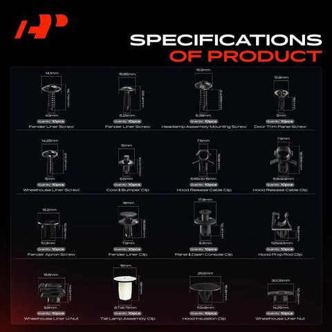Specifications of Damn Good Heavy Duty 310 Piece Retainer Clip And Fastener Replacement Kit For Hyundai Veloster 2012 2017.