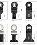 Dimensions of Do It All Oscillating Tool Blades Kit 57Pc Quick Release Set for precise cutting in different sizes.