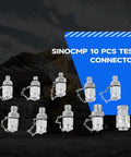 Front view of SINOCMP 10 pcs hydraulic test connector fittings; silver knurled metal couplings with chain.