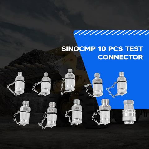 Front view of SINOCMP 10 pcs hydraulic test connector fittings; silver knurled metal couplings with chain.