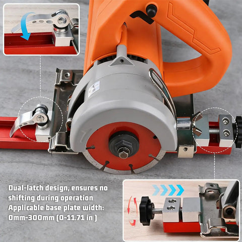 Close-up of circular saw guide rail for woodworking adjustable aluminum base rock solid no wobble 11.81 inch base.