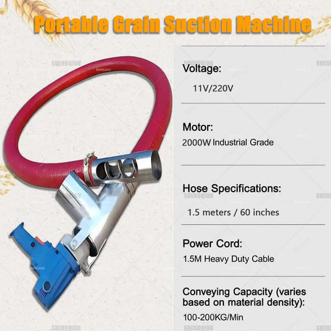 2000W Grain Suction Machine Portable Screw Conveyor with red hose and specifications panel