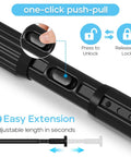 Close-up of black no-drill adjustable tension curtain rod lock mechanism for 41-86 inch windows, highlighting tool-free install.