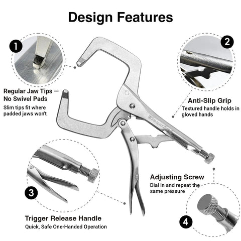 Design features of 11 Inch Locking C Clamp Pliers Built Tough For Welders And Home Shops Heavy Duty Welding Clamps With 901 Pound Jaw Locking Force