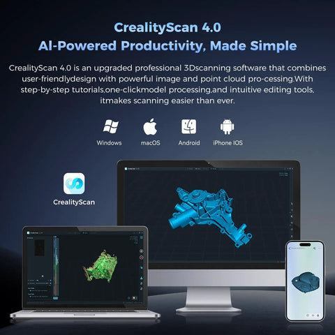 Screens displaying CrealityScan 4.0 software interface on laptop, desktop, and smartphone, showcasing 3D models for 3D scanning.