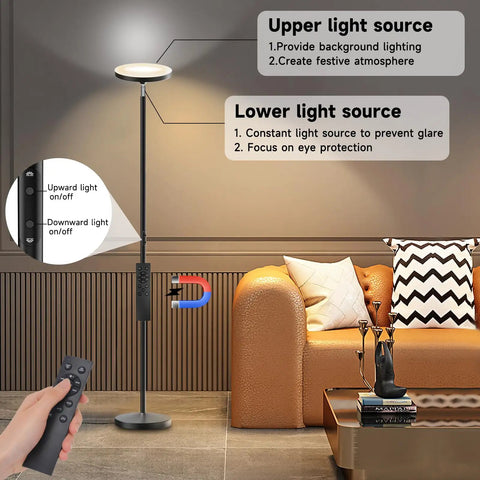 Dope Rgb Floor Lamp With Double Side Lighting, Smart App Control near a sofa in a cozy living room setting, showing remote use.