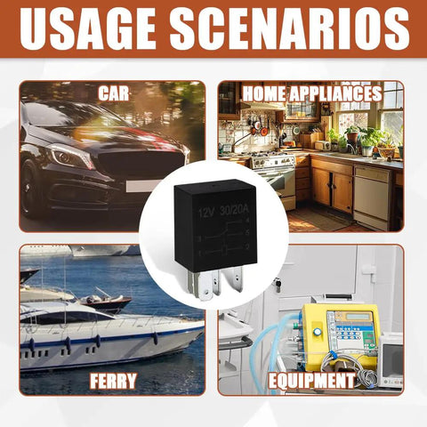 2 Pack 5 Pin 12V 30A Relay, Straight Up Tough With Waterproof Nylon Housing, Plug And Go Universal Starter Switch featured in car, ferry, appliances, and equipment.