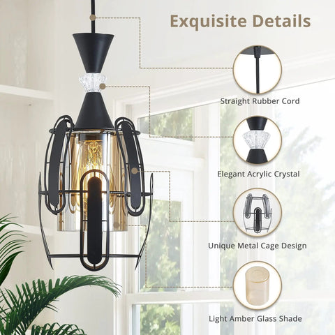 Close-up of Three Light Industrial Pendant Lights With Amber Glass Shade And Adjustable 0 To 47 Inch Rubber Cord Black Metal Cage