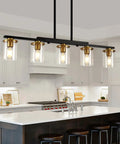 Top Notch Five Light Dining Room Fixture Featuring Clear Glass Shades That Give Any Kitchen Island A Kickin Farmhouse Chandelier Vibe While Building Sweet Warm Ambiance For Gatherings in a modern kitchen.