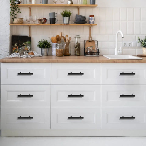 Real Deal Matte Black Cabinet Handles With Slick Square Edges 3 Inch Hole Centers And Heavy Duty Stainless Steel Build For Drawers Dressers And Cupboards In A Thirty Pack on white cabinets.