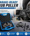 Shop Grade Wheel Bearing Hub Removal Tool And Puller For 5 6 8 Lug Setups With Heavy Duty Forcing Screw in a blue case.