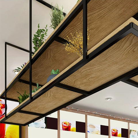 Ceiling view of Must Have Ceiling Mounted Wood Shelf With Black Metal Brackets, Vintage Wine Bottle Holder And Flower Stand