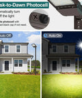 High Output LED Parking Lot Light 240W/200W/150W displayed with dusk-to-dawn photocell feature in day-night comparison