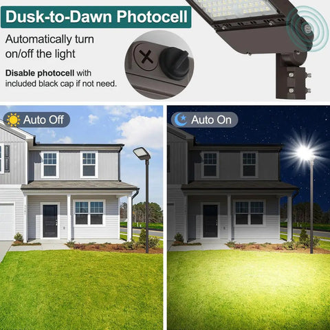 High Output LED Parking Lot Light 240W/200W/150W displayed with dusk-to-dawn photocell feature in day-night comparison