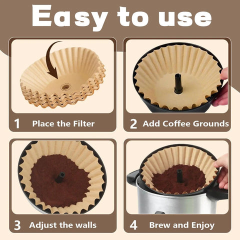 Step-by-step guide showing Top Shelf Unbleached Paper Coffee Filters 500 Pack for Hamilton Beach urn in use.