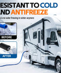Heated Water Hose For RV And Campers With Ultra Low Temp Protection To Minus 45 Degrees Fahrenheit connected to snowy RV.