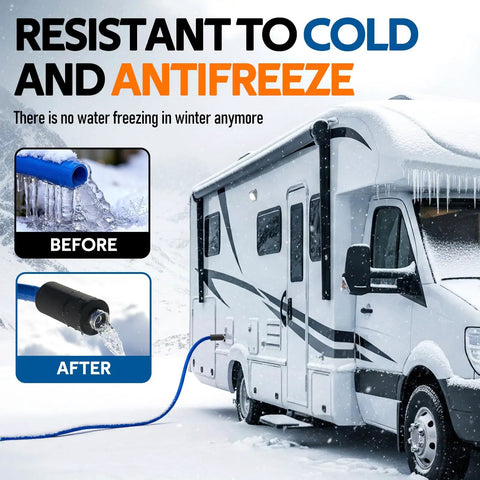 Heated Water Hose For RV And Campers With Ultra Low Temp Protection To Minus 45 Degrees Fahrenheit connected to snowy RV.