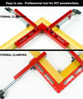 Four Pack 90 Degree Corner Clamps For Woodworking with CNC Machined Red Anodized Finish, shown clamping wooden frames