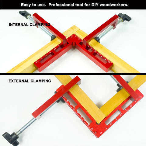Four Pack 90 Degree Corner Clamps For Woodworking with CNC Machined Red Anodized Finish, shown clamping wooden frames