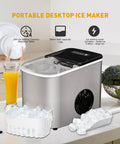 Countertop Ice Maker For Home And On The Go displayed on a kitchen counter with ice basket and scoop.