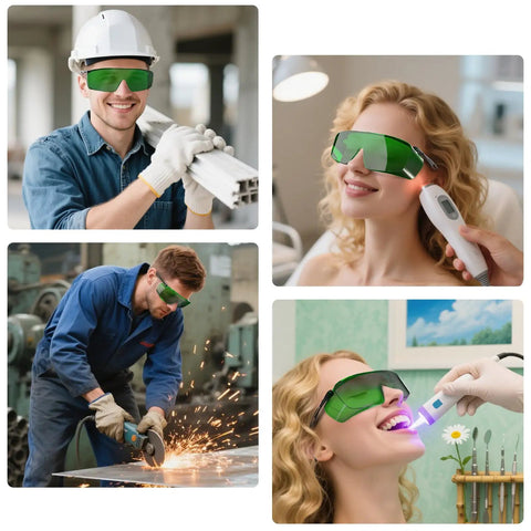 Kickass Laser Safety Glasses With OD4 Plus Protection For 180nm To 660nm Wavelengths in use by workers and models.