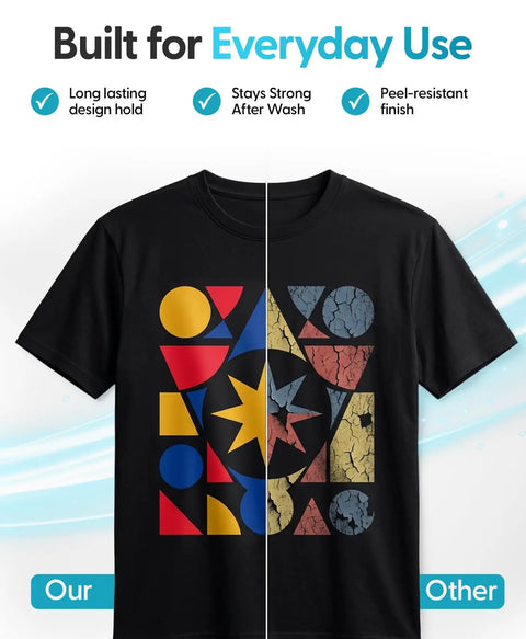 Printable Heat Transfer Paper for Dark Fabrics, 5 Sheets of 8.5 by 11 Inches, Matte Finish, Easy to Apply shown on black tee