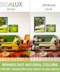 Living room with Sigalux CRI 90+ vibrant decor on left and off brand CRI 80 muted colors on right, showcasing color difference.