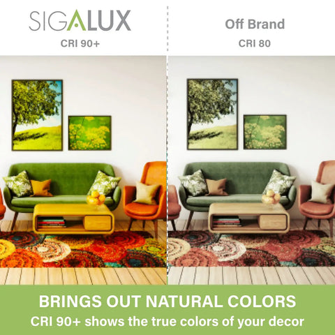 Living room with Sigalux CRI 90+ vibrant decor on left and off brand CRI 80 muted colors on right, showcasing color difference.