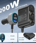 Dual Socket Cigarette Lighter Splitter Car Charger Pd 65w Usb C Port 300 Watt Outlet showing PD and QC ports with digital display.