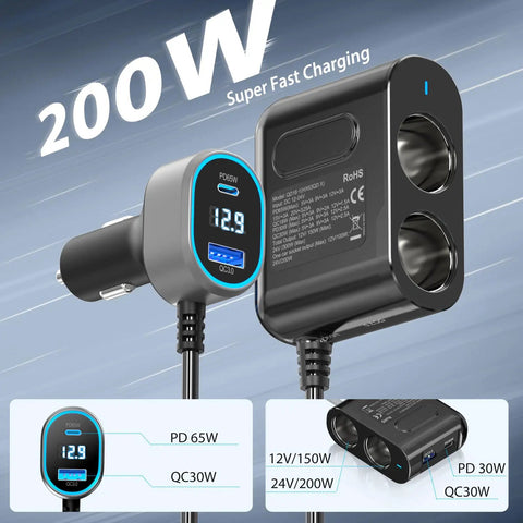 Dual Socket Cigarette Lighter Splitter Car Charger Pd 65w Usb C Port 300 Watt Outlet showing PD and QC ports with digital display.