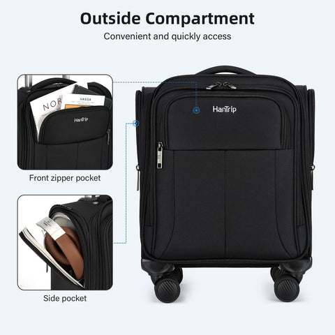 Front view of HanTrip 16-inch black underseat luggage on wheels with front zipper pocket and side pocket.