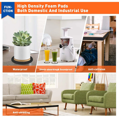 Collage showing uses of Self Adhesive Foam Padding Set 4x4 Inch Neoprene Closed Cell Sheets One Quarter Inch Thick for furniture and appliances.