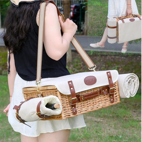 Wicker Picnic Basket Set For Two With Insulated Cooler, Detachable Table Lid, Blanket And Full Tableware, carried by woman