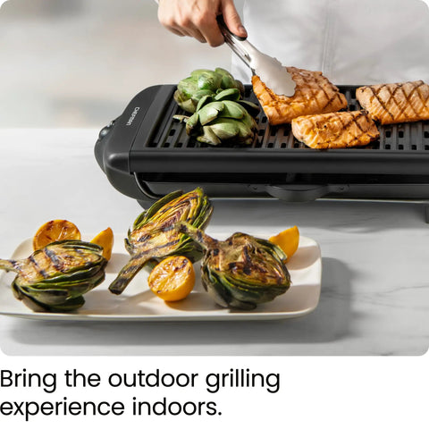 Smokeless Indoor Grill With Nonstick Cooking Surface And Adjustable Temperature From Warm To Sear grilling salmon and artichokes