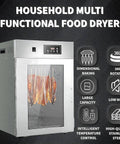 High Capacity Commercial Food Dehydrator With Stainless Steel Frame And 800 Watt Heater For Smoking Meat Jerky Drying Fruits And Vegetables Featuring Digital Timer And Even Heat Up To 195 Deg F For No Sweat Setup And Serious Smoke Sessions, showing jerky drying.