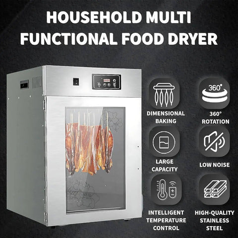 High Capacity Commercial Food Dehydrator With Stainless Steel Frame And 800 Watt Heater For Smoking Meat Jerky Drying Fruits And Vegetables Featuring Digital Timer And Even Heat Up To 195 Deg F For No Sweat Setup And Serious Smoke Sessions, showing jerky drying.