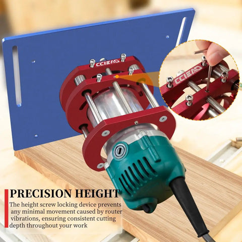 Heavy Duty Router Table Lift With Killer Four Jaw Clamping For 65 Millimeter Motors Offering Dead Precise Two Inch Height Adjustment For No Fuss Woodworking Setups, showcasing detailed height adjustment mechanism.