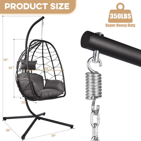 Dark Gray Wicker Egg Chair With Stand For Indoor Outdoor Use Thick Cushioned Swing Seat Weatherproof Rattan Style Hanging Chair With 350 Lb Capacity Cozy Chill Patio Balcony Garden Vibe, product dimensions shown with close-up of chain spring connection