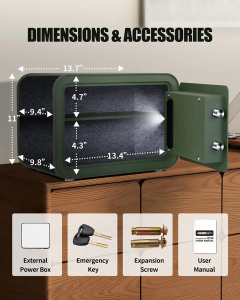 Open Built Tough Steel Safe With Keypad, 1.0 Cu Ft Personal Security Lock Box For Money And Jewelry showing dimensions and accessories