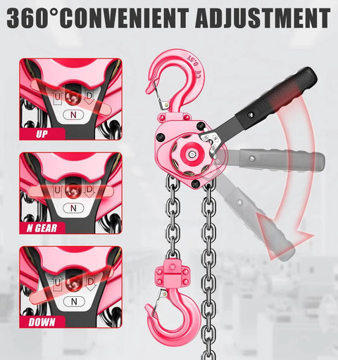 Mini Lever Hoist Half Ton 1100 Lbs Capacity 10 Ft Lift Portable Aluminum Ratchet Chain Hoist with 360-degree rotation, pink