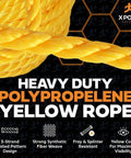 Heavy Duty 3 By 8 Inch Polypropylene Rope 600 Feet Bright Yellow For Outdoor Marine And DIY Use Ultra Strong Workhorse Visible Tie Down Rope For Load Securing Camping Towing And General Utility, close-up of yellow twisted rope design highlighting durability features.